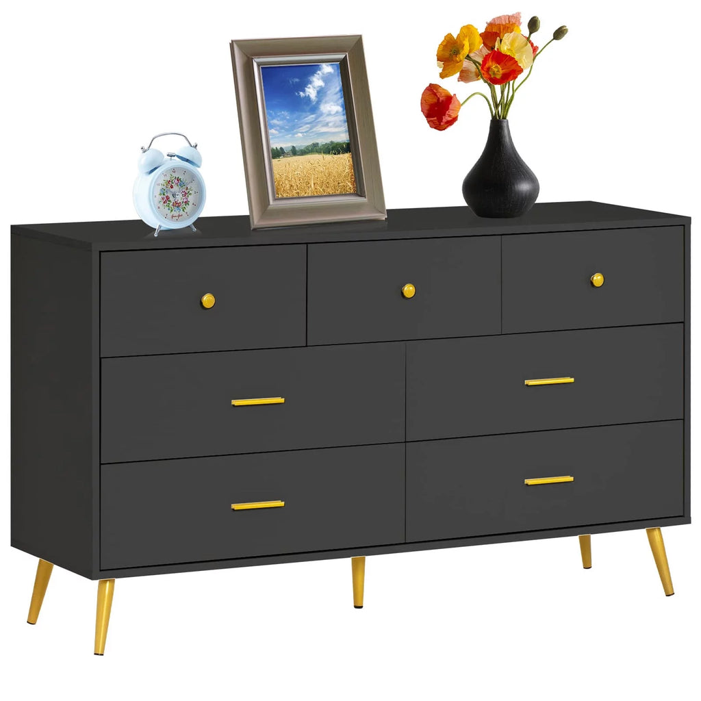 White and Gold 7 Drawer Wood Dresser Y4653