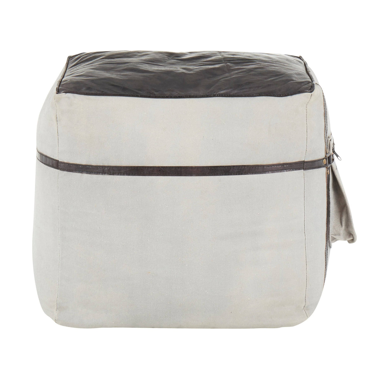 Black Leather Grey Canvas Pouf S376364