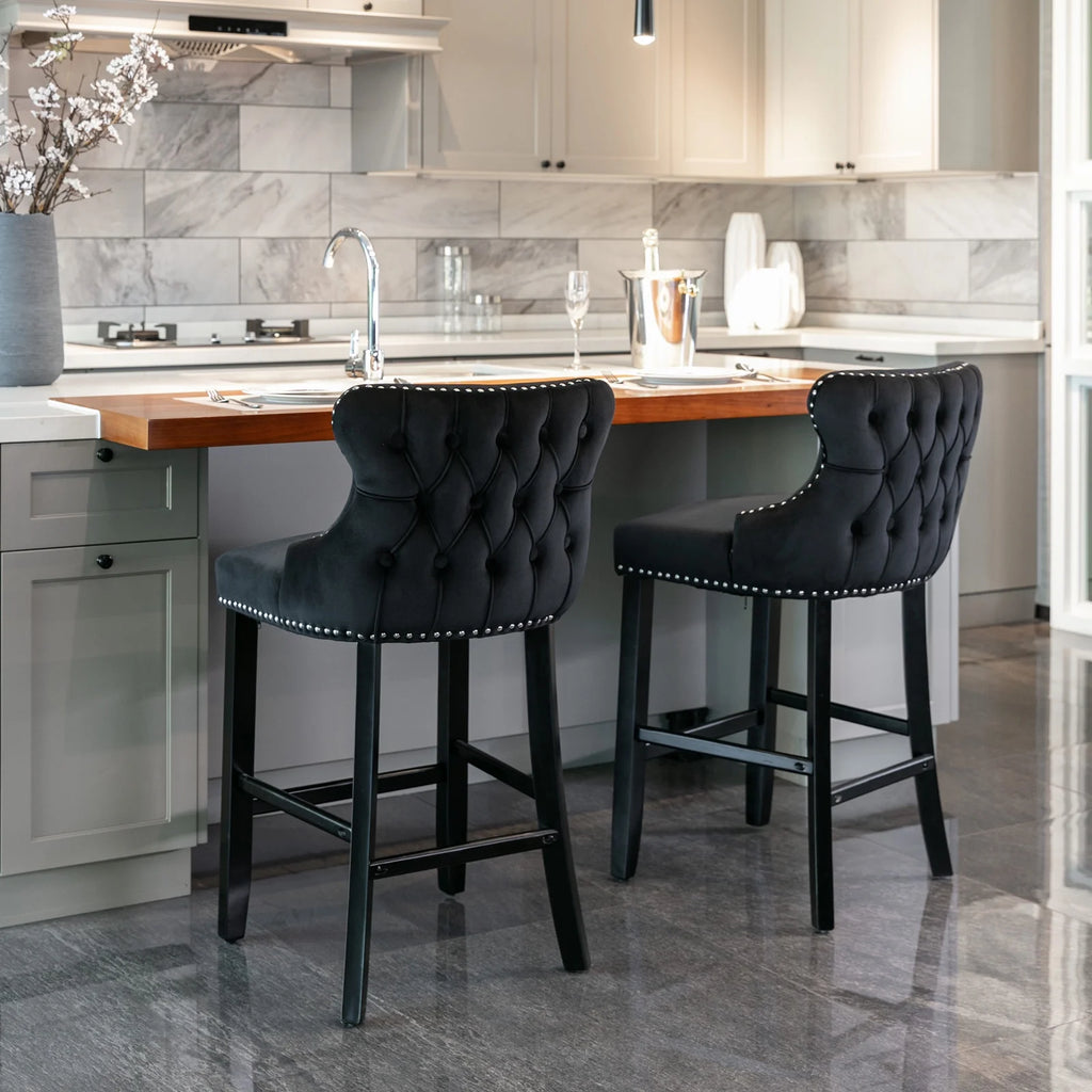 Black Velvet Button Tufted Bar Chairs with Wood Legs, Set of 2 Z61565