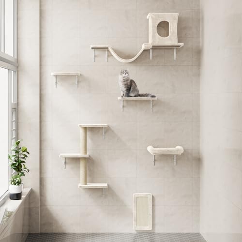 Gray 7 Pcs Cat Wall Shelves with House, Tunnel, Bridge, Steps, Scratcher, Hammock, Bed B923460