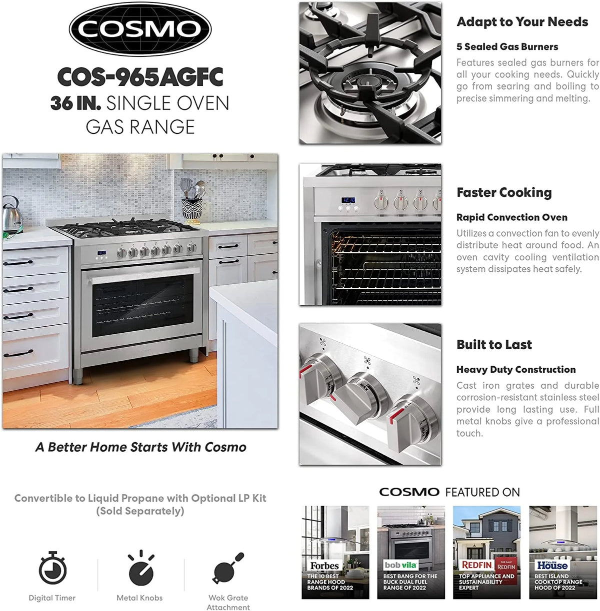 36-in 5 Burners 3.8-cu ft Convection Oven Freestanding Gas Range W7444