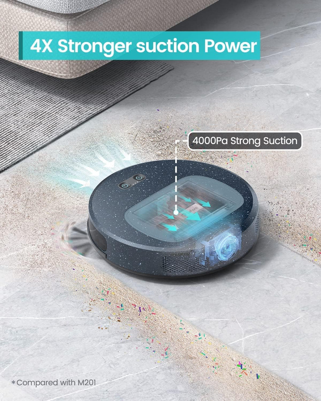 Slim Robot Vacuum with 4000Pa Suction, 200 Mins Runtime, 600ml Dust Bin S389