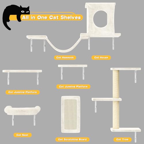 Gray 7 Pcs Cat Wall Shelves with House, Tunnel, Bridge, Steps, Scratcher, Hammock, Bed B923460