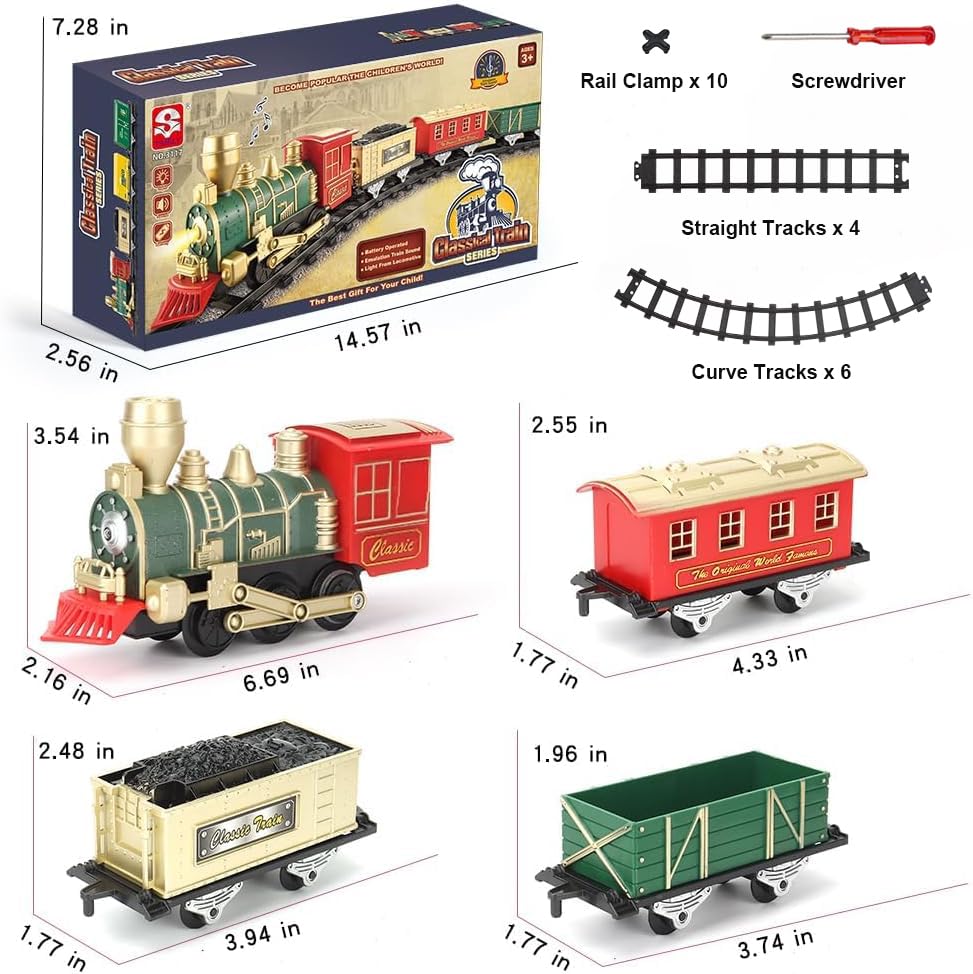 Electric Christmas Train Set with Lights and Sounds, 3 Cars & 10 Train Tracks N874