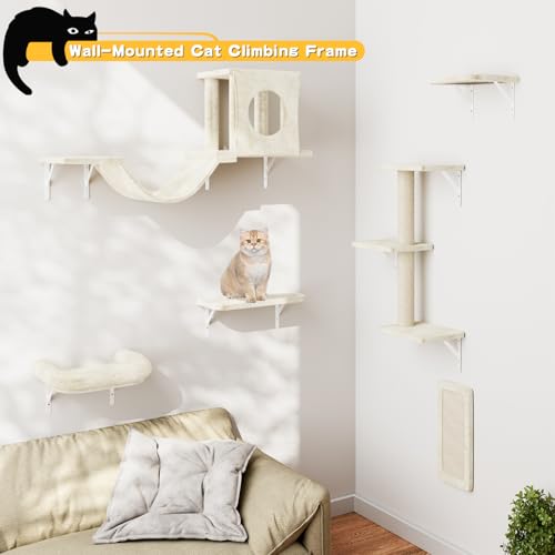 Gray 7 Pcs Cat Wall Shelves with House, Tunnel, Bridge, Steps, Scratcher, Hammock, Bed B923460