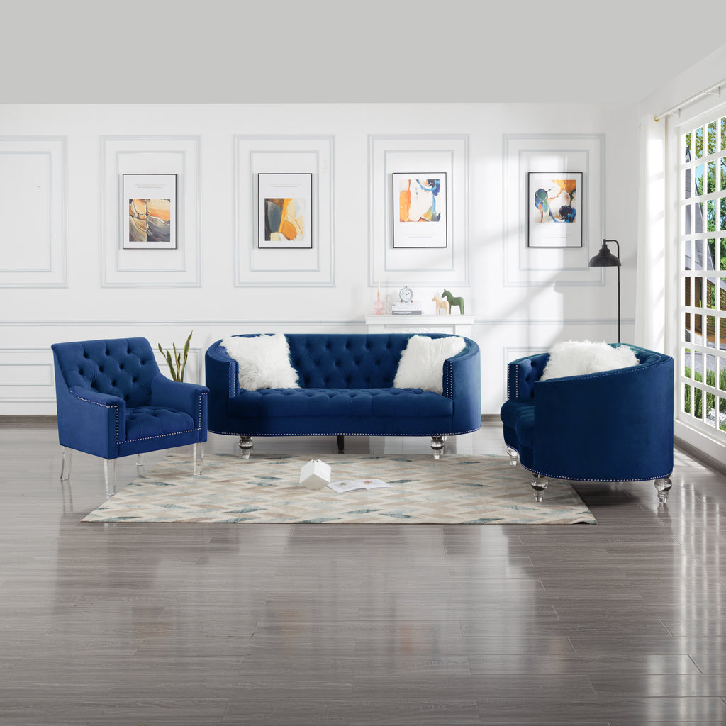 Navy Blue Velvet 3 Piece Living Room Set Y244