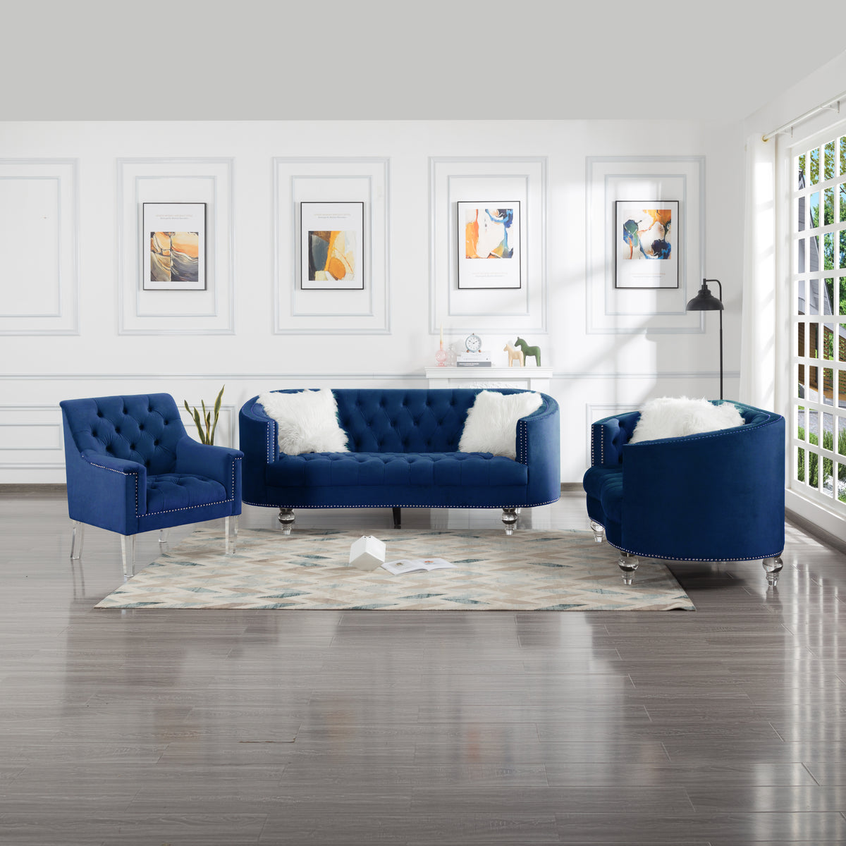 Navy Blue Velvet 3 Piece Living Room Set Y244