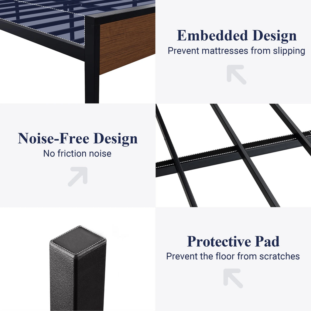 Queen Size Metal Platform Bed Frame with Wood Headboard J684