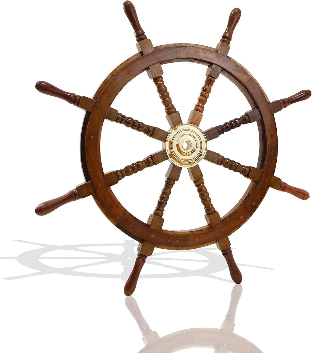 Nautical Sheesham Wood Ship Wheel with Brass Center, Pack of 2 G959