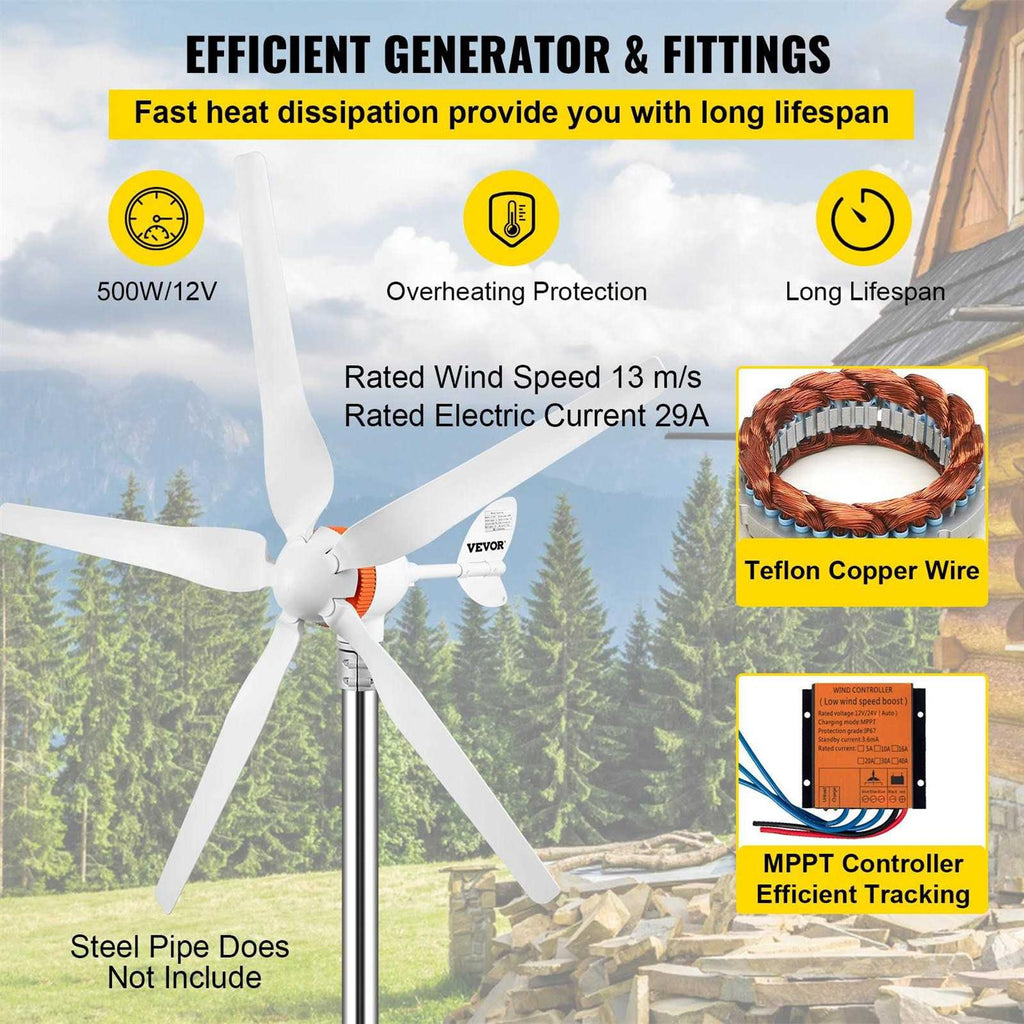 500-Watt 5 Blades Wind Turbine Generator with Mppt Controller M758