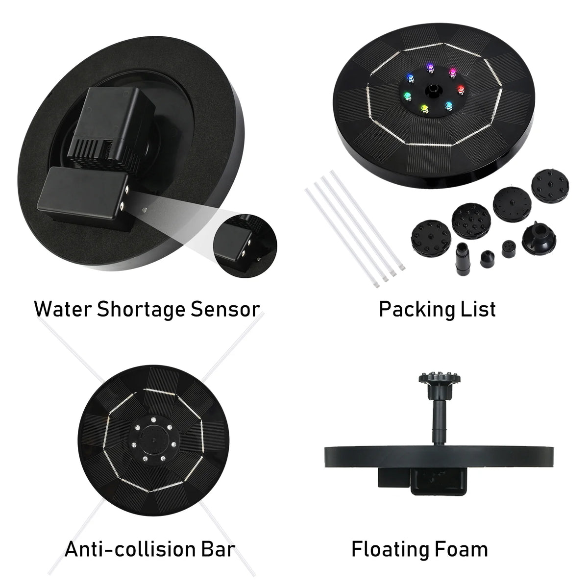 Solar Fountain Pump with Colorful Gradient Light 1800mAh Battery 6 Nozzles Z6446