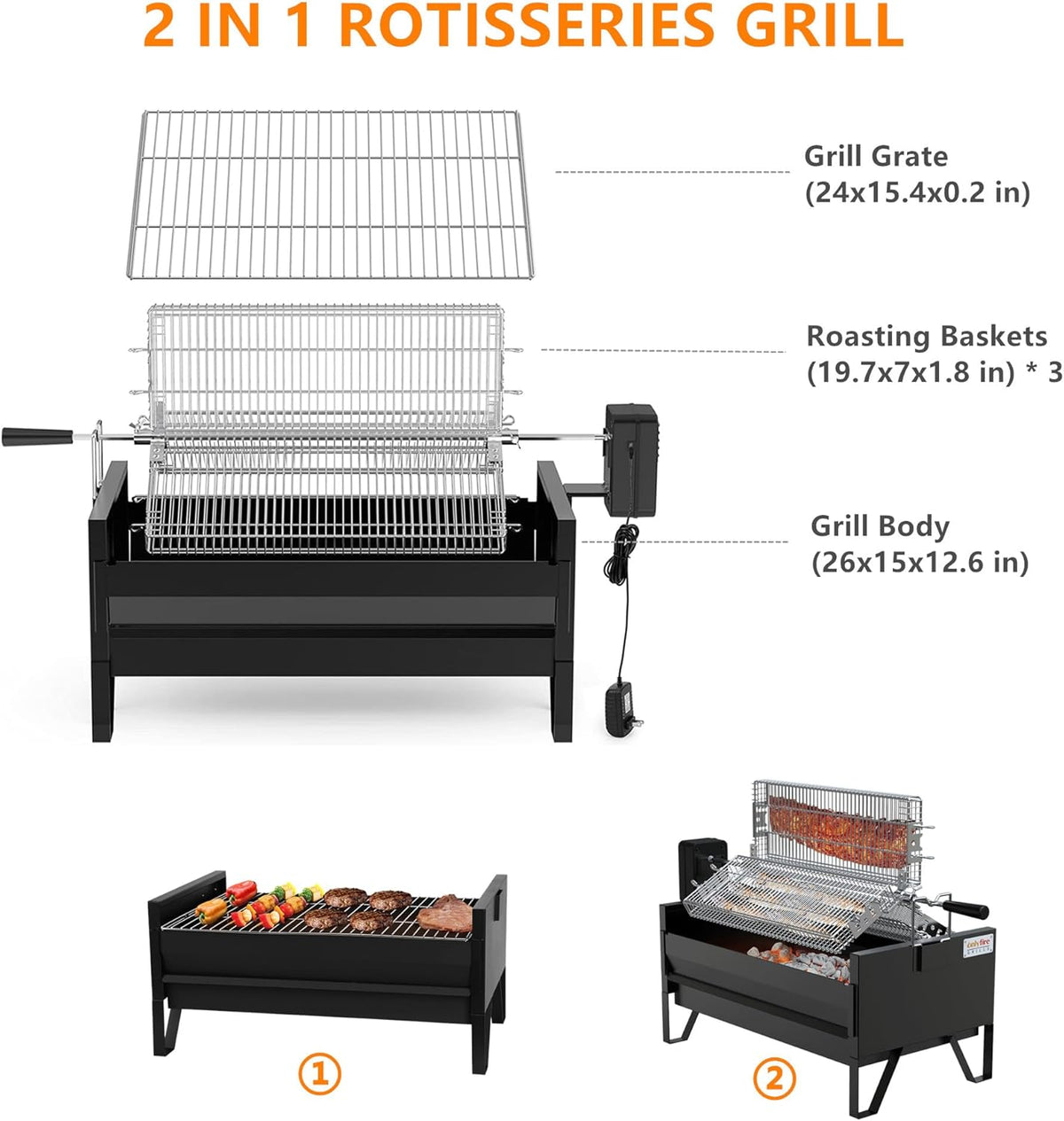 2 IN 1 Charcoal Grill Rotisserie Kit with 3 Stainless Steel Rotating Baskets and 24 In Grill Grate W3422