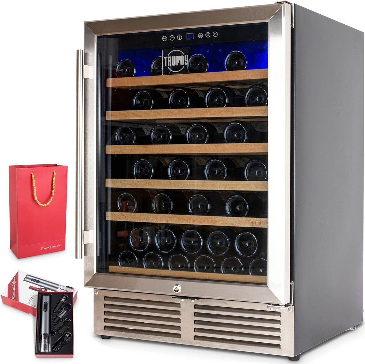 Wine Cooler Refrigerator with Reversible Low UV Glass Door, Touch Thermostat Control with LED Display, Lock, 150L Storage R87826