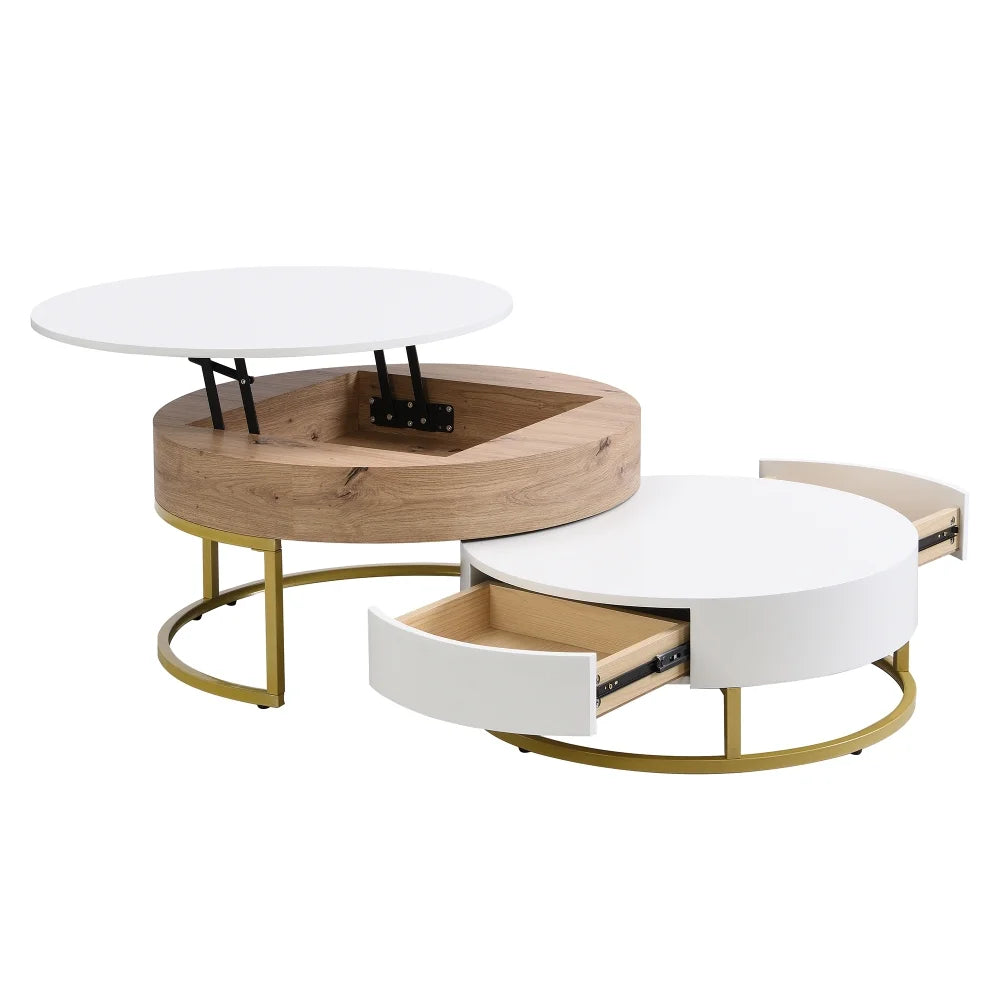 Round Lift-top Nesting Coffee Tables with 2 Drawers White & Natural E250