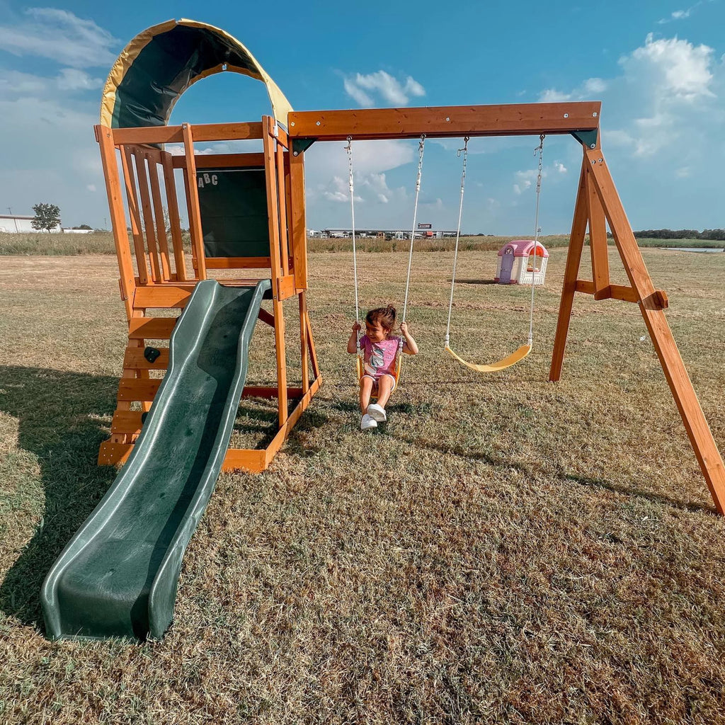 Wooden Outdoor Swing Set with Slide and Rock Wall N5341