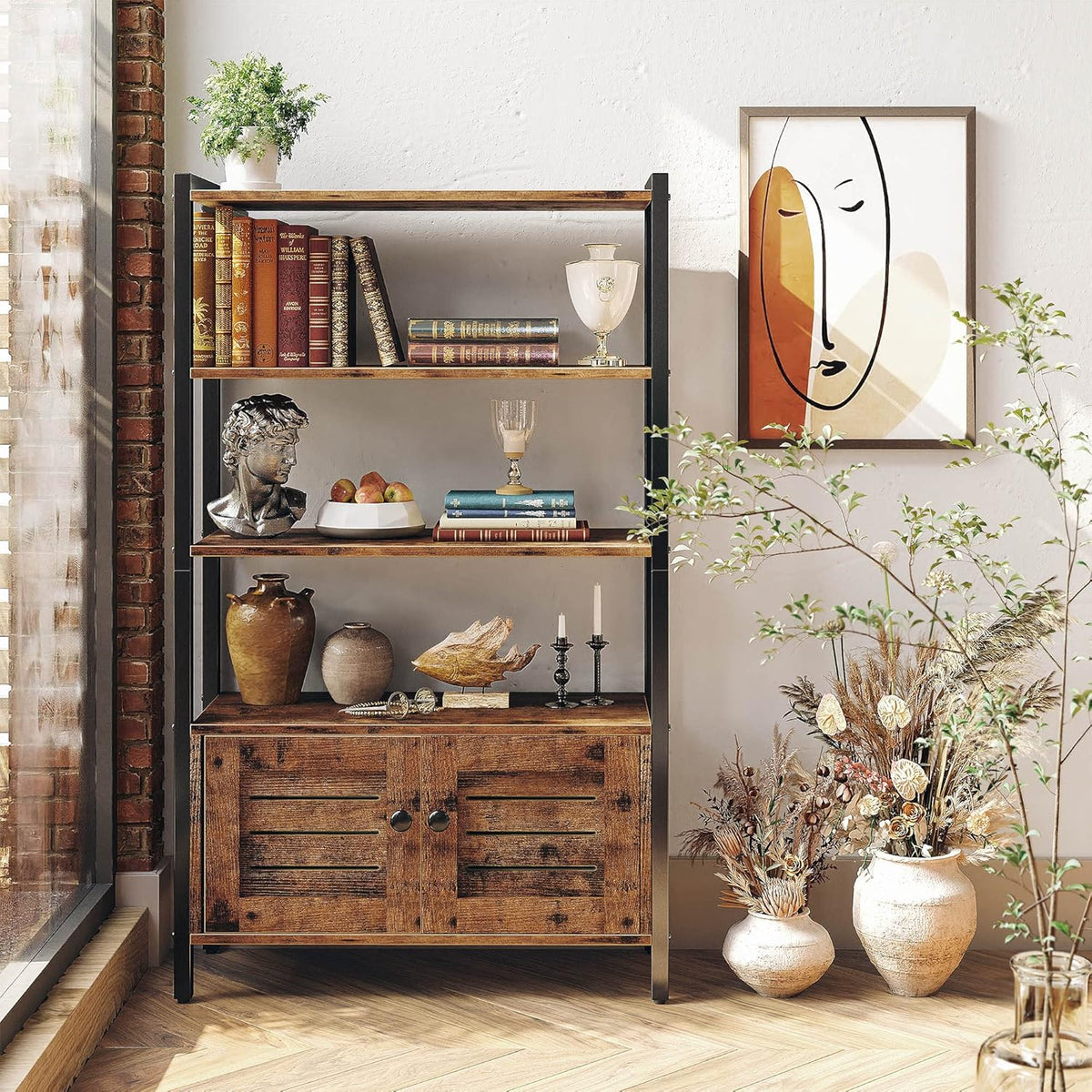 Industrial Bookshelf and Bookcase with 2 Louvered Doors and 3 Shelves A9097