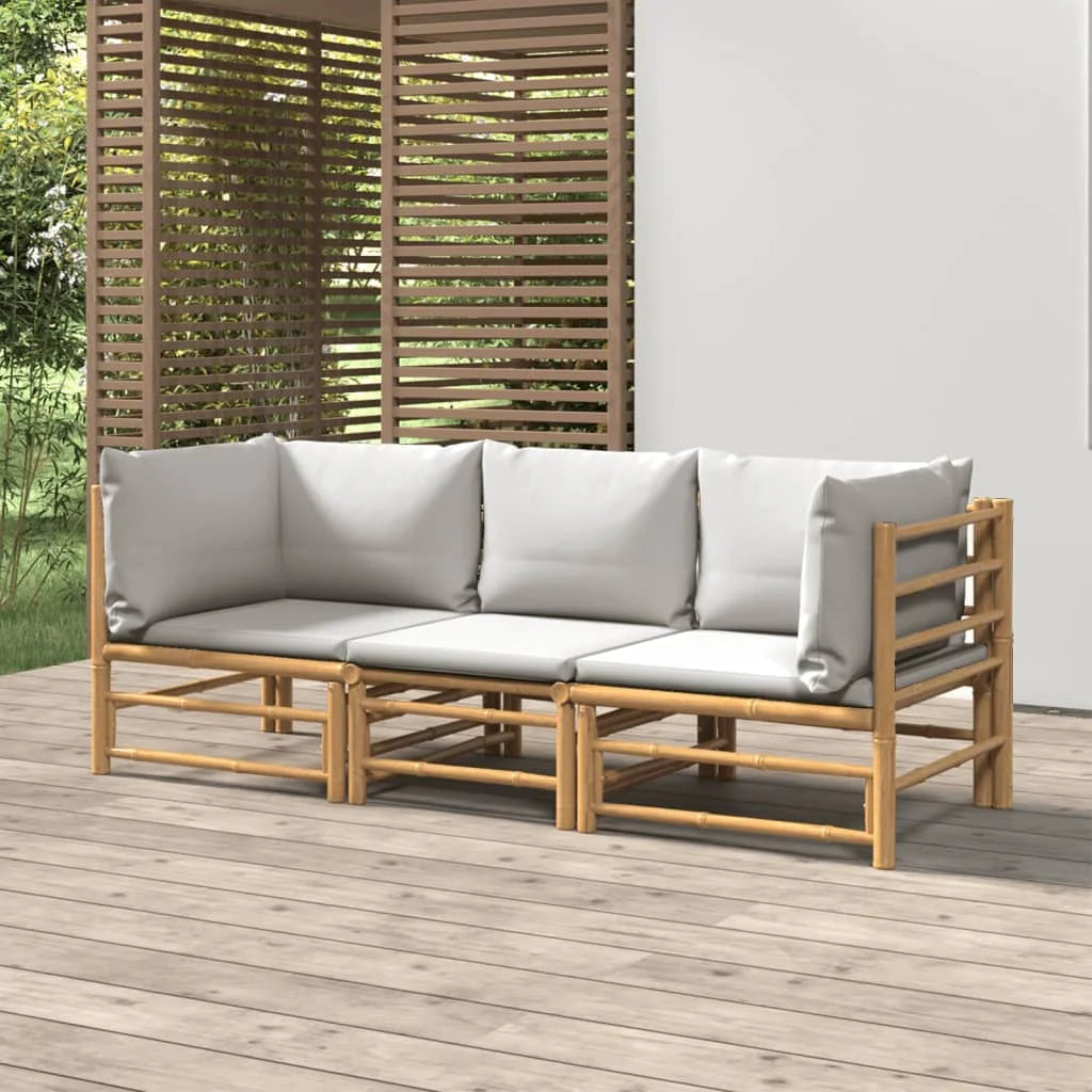 3 Piece Patio Set with Gray Cushions Bamboo K128
