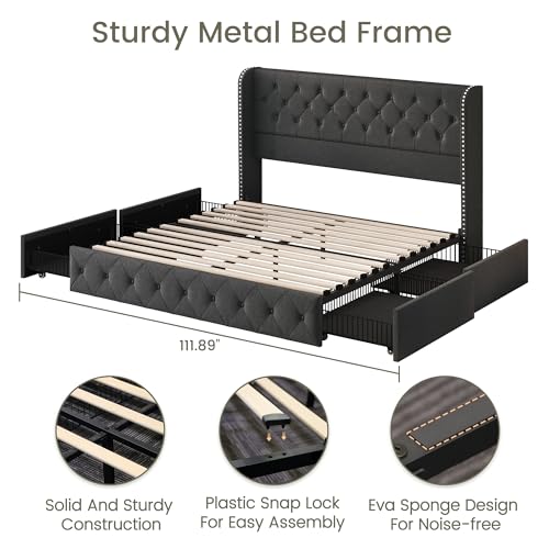 King Size Linen Upholstered Bed Frame with 4 Storage Drawers H875