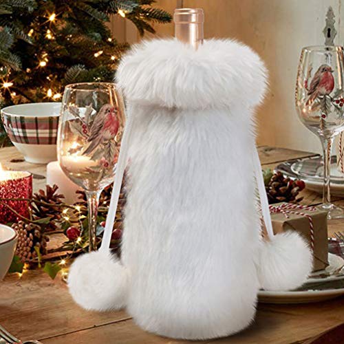 White Faux Fur Drawstring Wine Bottle Cover Bag T95020