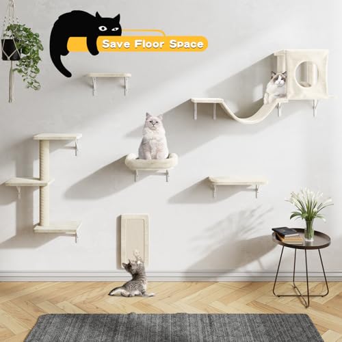 Gray 7 Pcs Cat Wall Shelves with House, Tunnel, Bridge, Steps, Scratcher, Hammock, Bed B923460