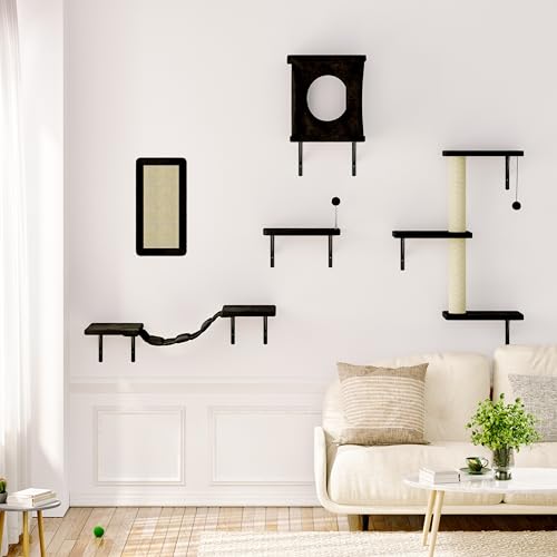 Gray 7 Pcs Cat Wall Shelves with House, Tunnel, Bridge, Steps, Scratcher, Hammock, Bed B923460