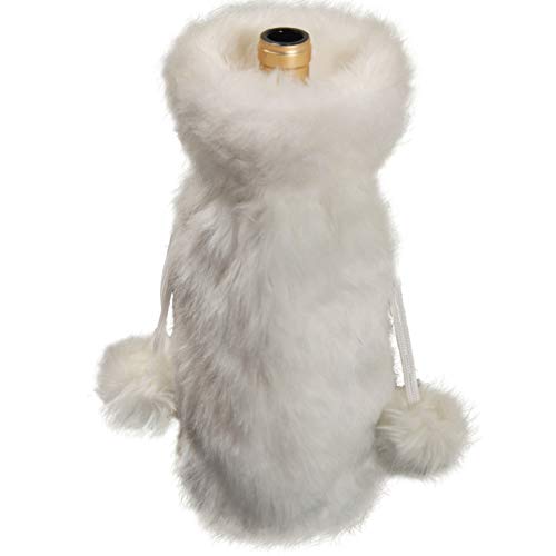 White Faux Fur Drawstring Wine Bottle Cover Bag T95020
