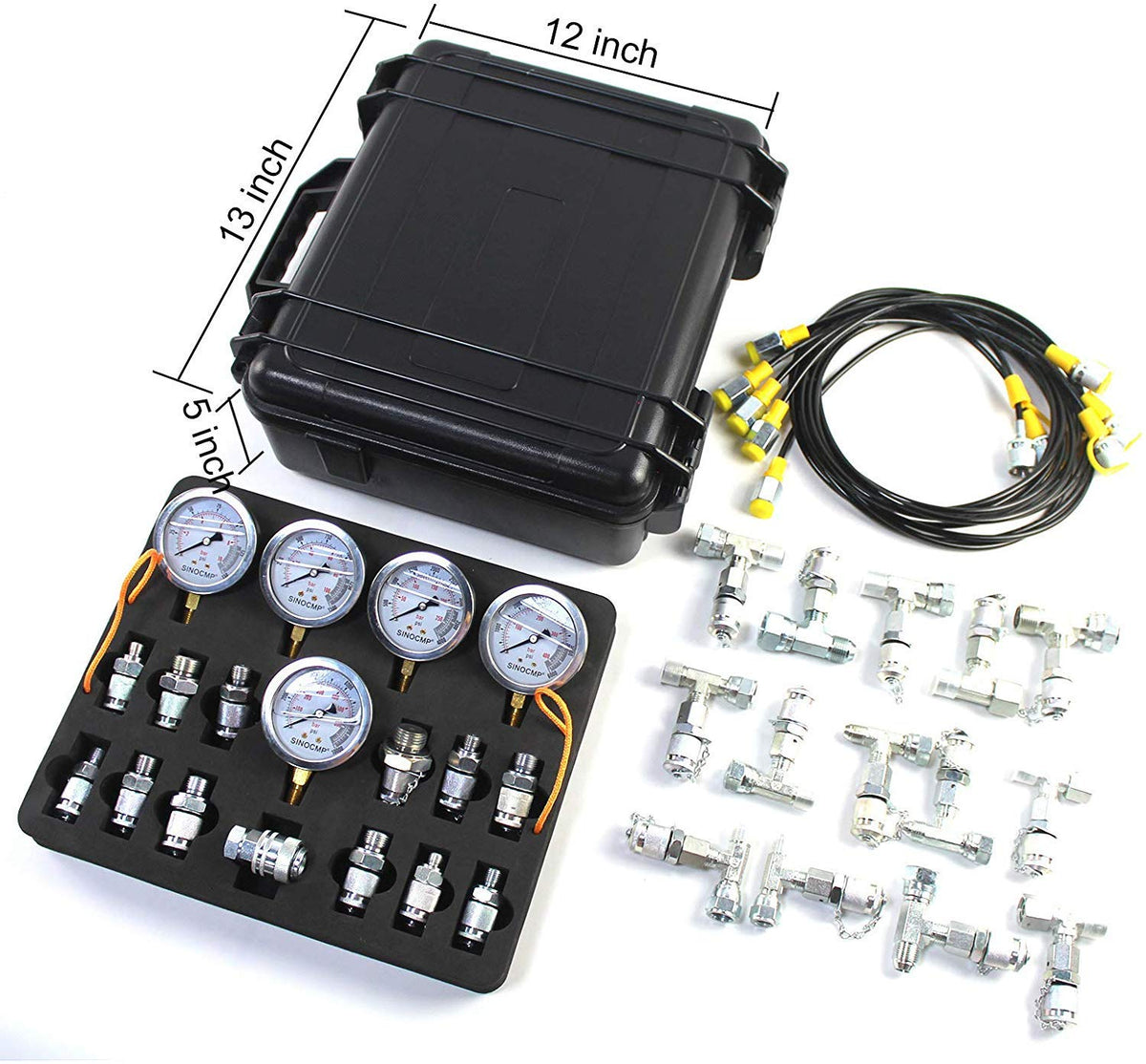 Hydraulic Pressure Test Kit with 5 Gauges, 5 Test Hoses, 13 Couplings and 14 Tee Connectors L363848