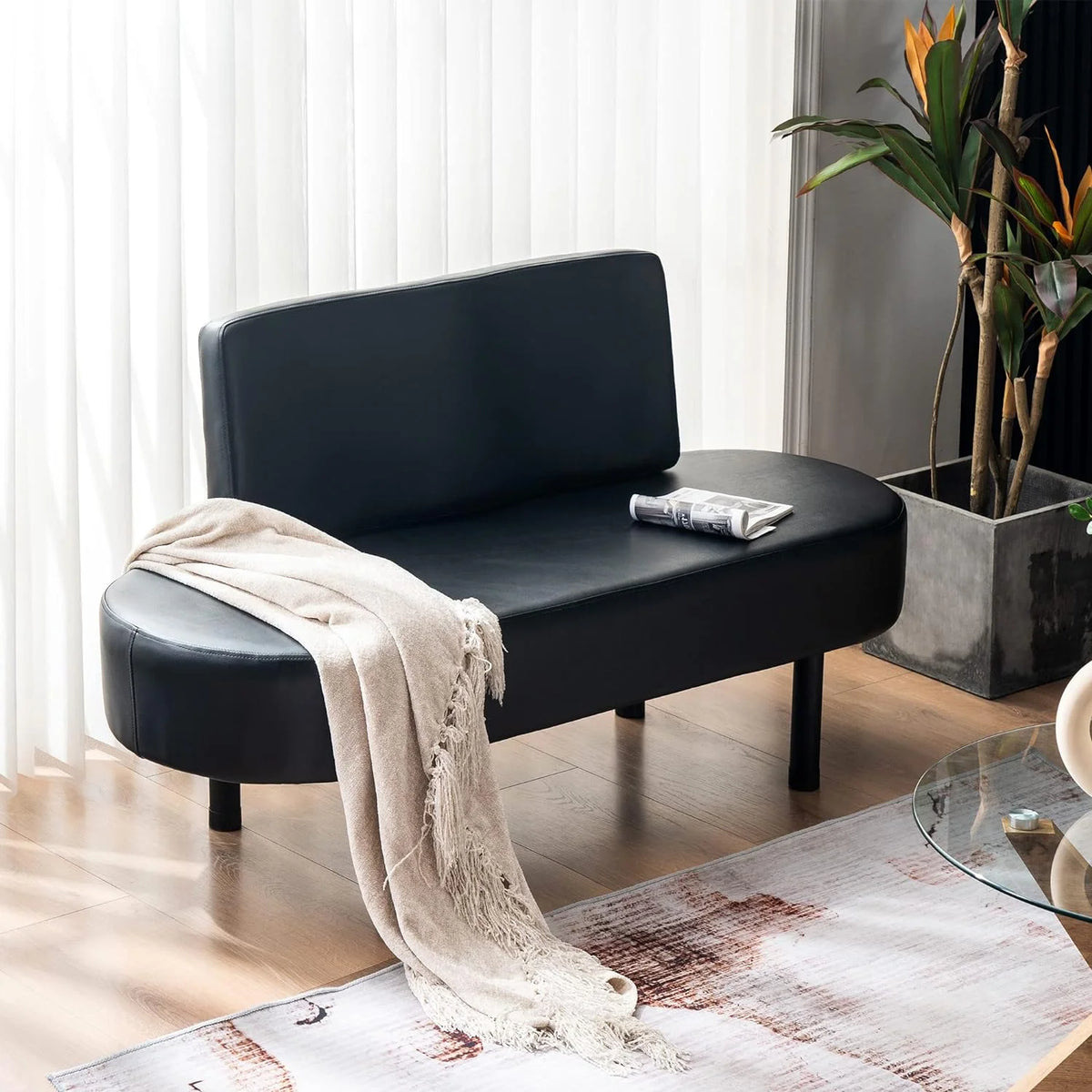 Black Leather Upholstered Bench with Backrest X2344