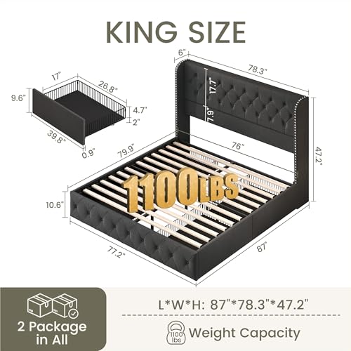 King Size Linen Upholstered Bed Frame with 4 Storage Drawers H875