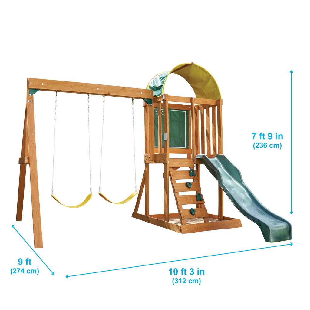 Wooden Outdoor Swing Set with Slide and Rock Wall N5341