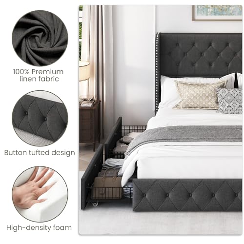 King Size Linen Upholstered Bed Frame with 4 Storage Drawers H875