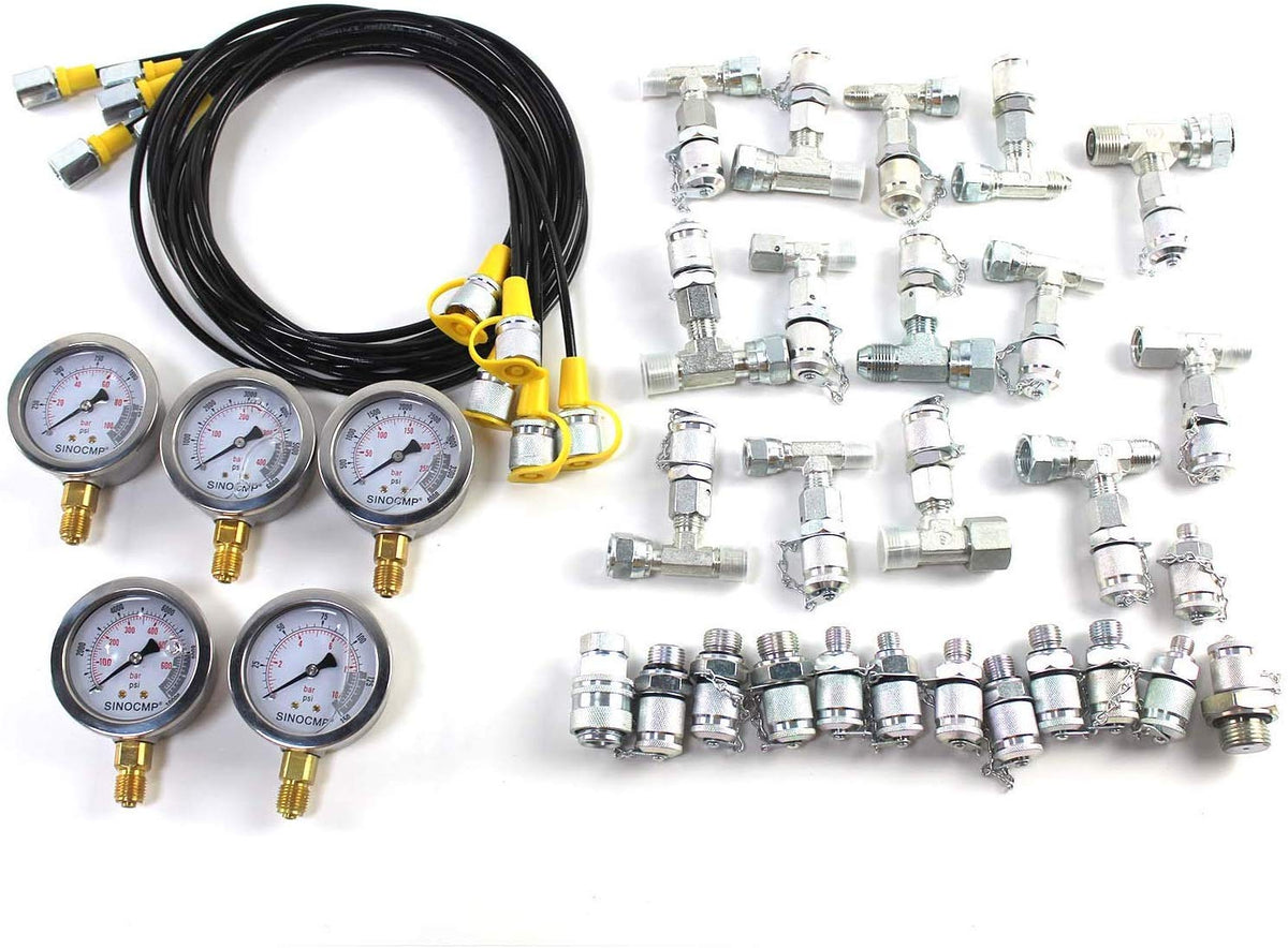 Hydraulic Pressure Test Kit with 5 Gauges, 5 Test Hoses, 13 Couplings and 14 Tee Connectors L363848