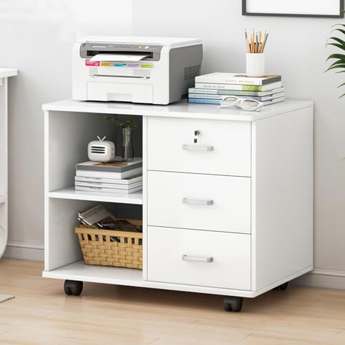 White 3 Drawer Wood Mobile File Cabinet with Open Storage Shelves C71589