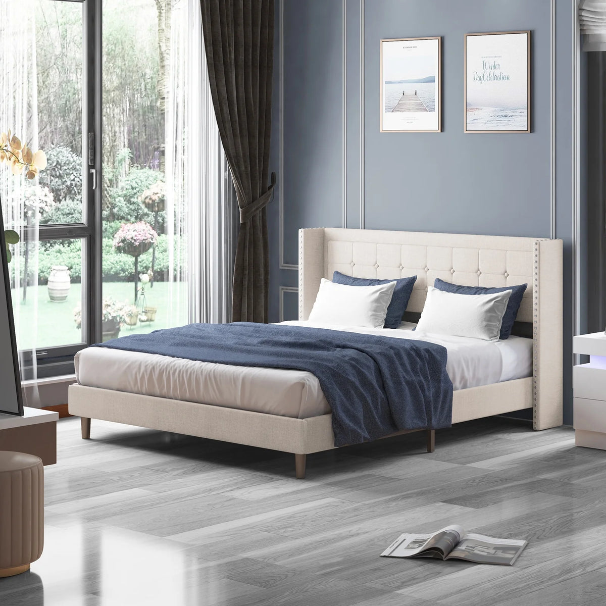 King Size Linen Upholstered Platform Bed Frame with Headboard E209