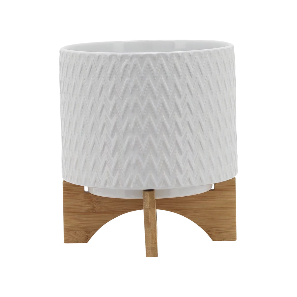White Ceramic Chevron Planter With Stand A17057