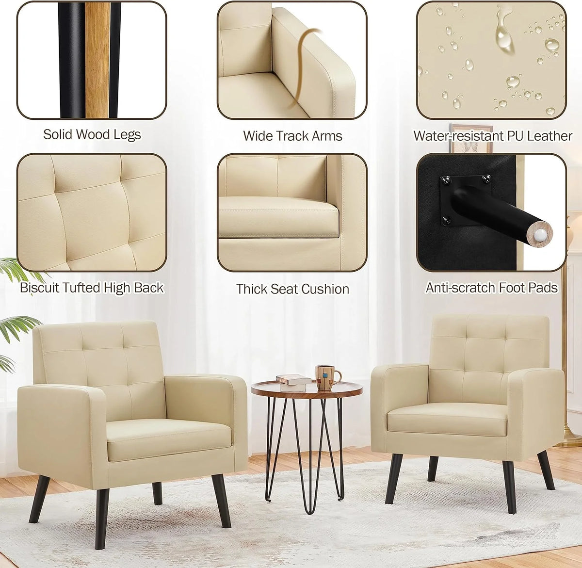 Beige PU Leather Tufted Accent Chair with Wood Legs W55540