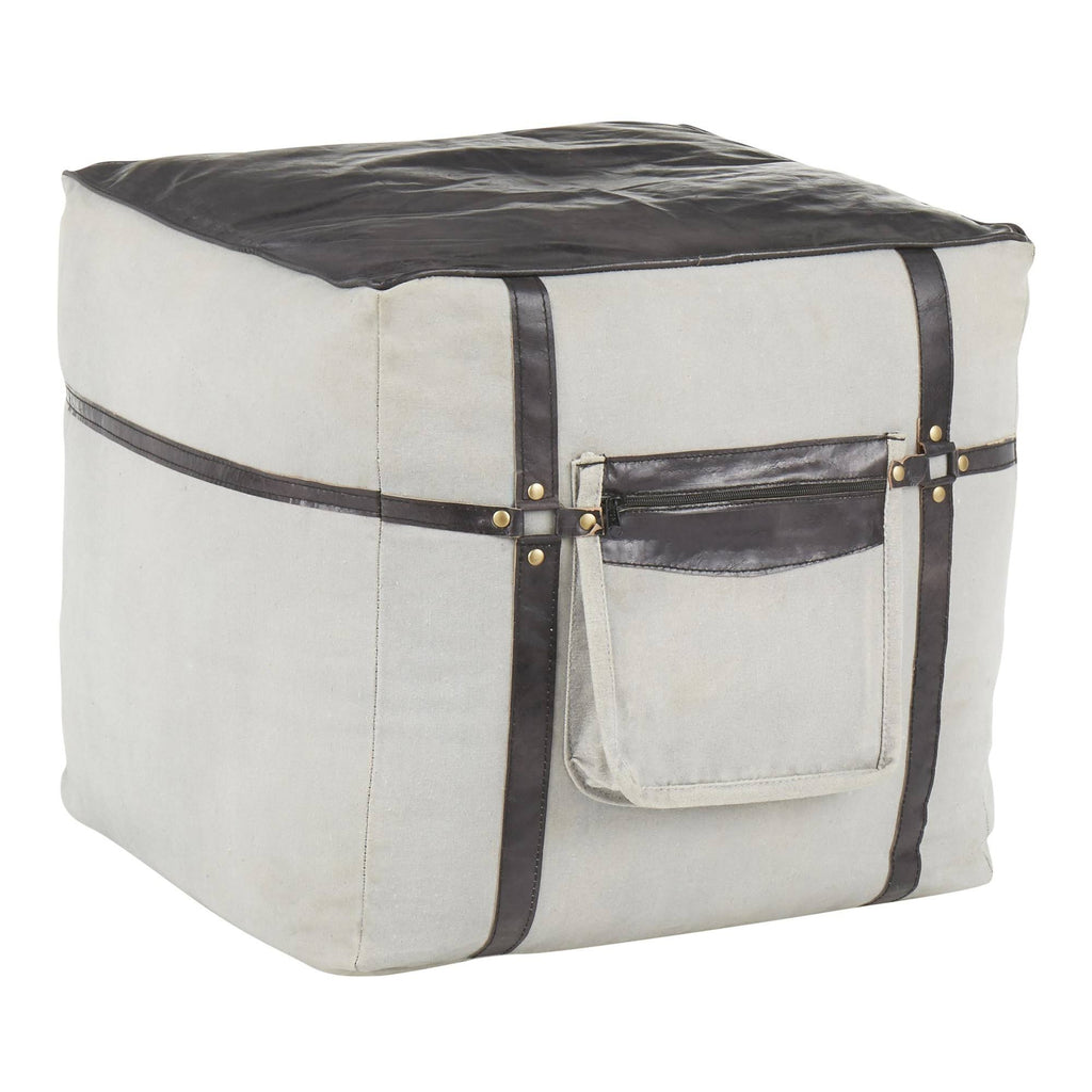Black Leather Grey Canvas Pouf S376364