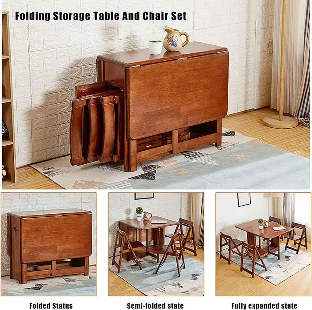 Solid Wood Drop Leaf Dining Table Set 5 Pieces with Wheels and Drawer W583