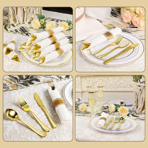 350PCS Gold Plastic Dinnerware Set with 100 Plates, 50 Cups, 50 Spoons, 50 Forks, 50 Knives B498