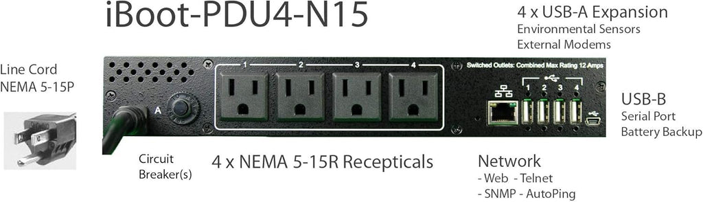 4 Outlet Managed PDU, 115VAC/15A, 1U Rackmount X90827