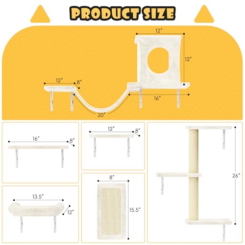 Gray 7 Pcs Cat Wall Shelves with House, Tunnel, Bridge, Steps, Scratcher, Hammock, Bed B923460