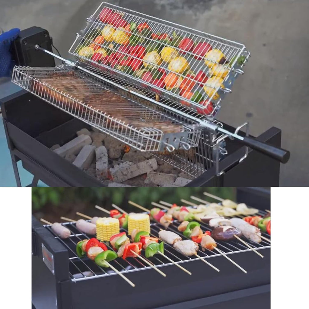 2 IN 1 Charcoal Grill Rotisserie Kit with 3 Stainless Steel Rotating Baskets and 24 In Grill Grate W3422