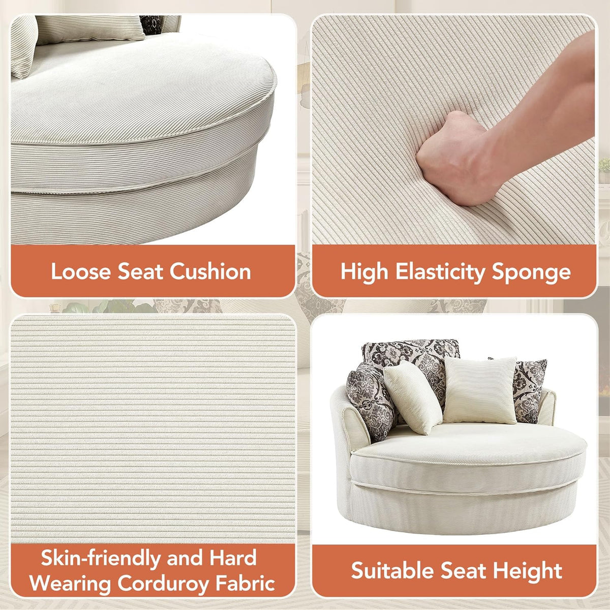Oversized Corduroy Swivel Barrel Armchair with 5 Detachable Pillows M186766