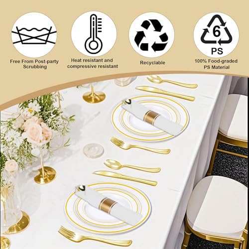 350PCS Gold Plastic Dinnerware Set with 100 Plates, 50 Cups, 50 Spoons, 50 Forks, 50 Knives B498