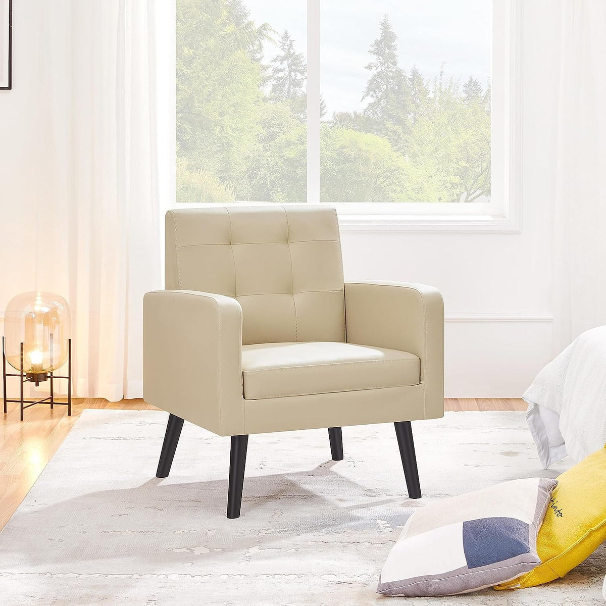 Beige PU Leather Tufted Accent Chair with Wood Legs W55540