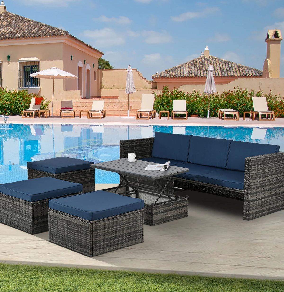 4 Piece Wicker Patio Furniture Set with 2 Ottomans & Coffee Table C53319