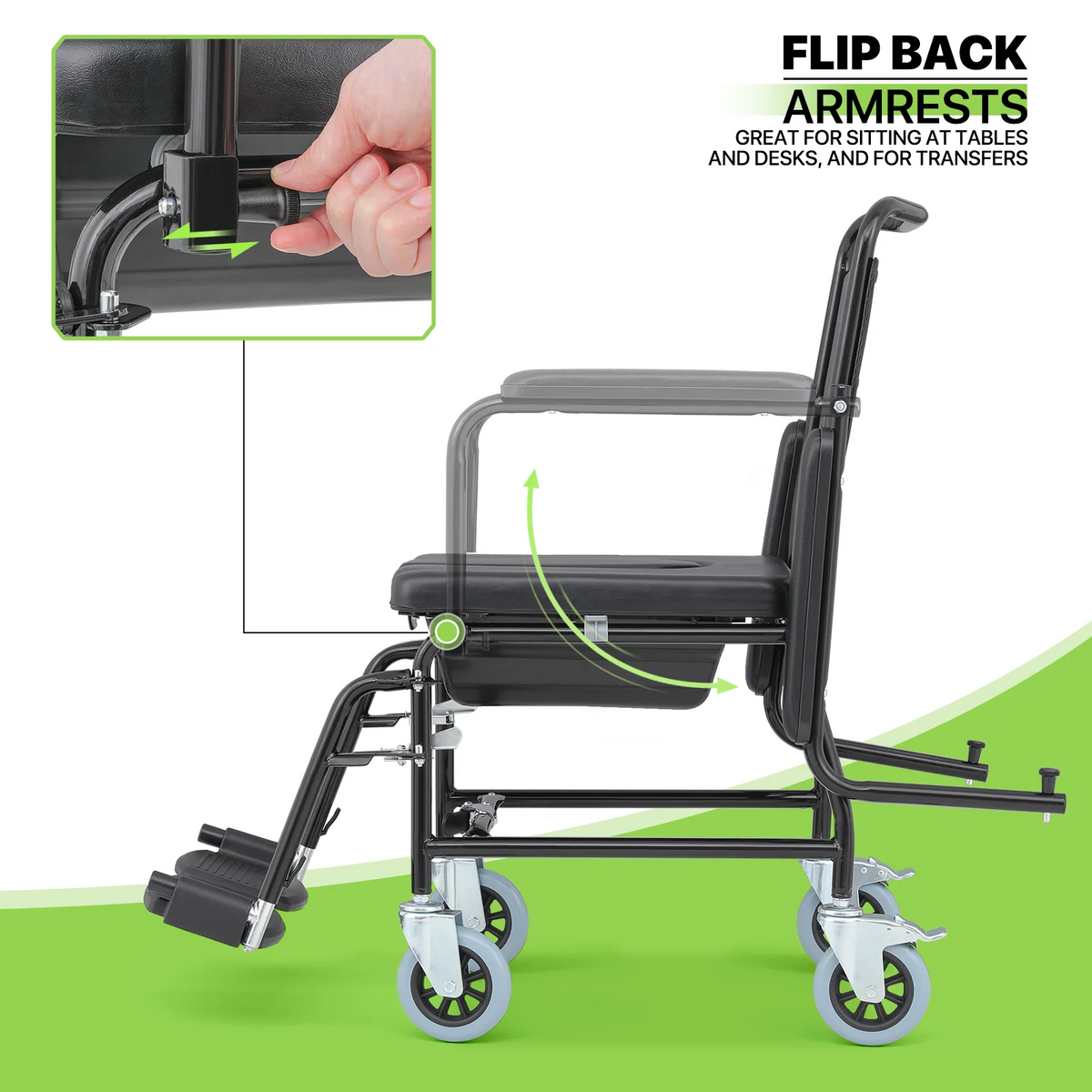 Commode Chair with Flip Up Armrests and 2 Locking Wheels W548823