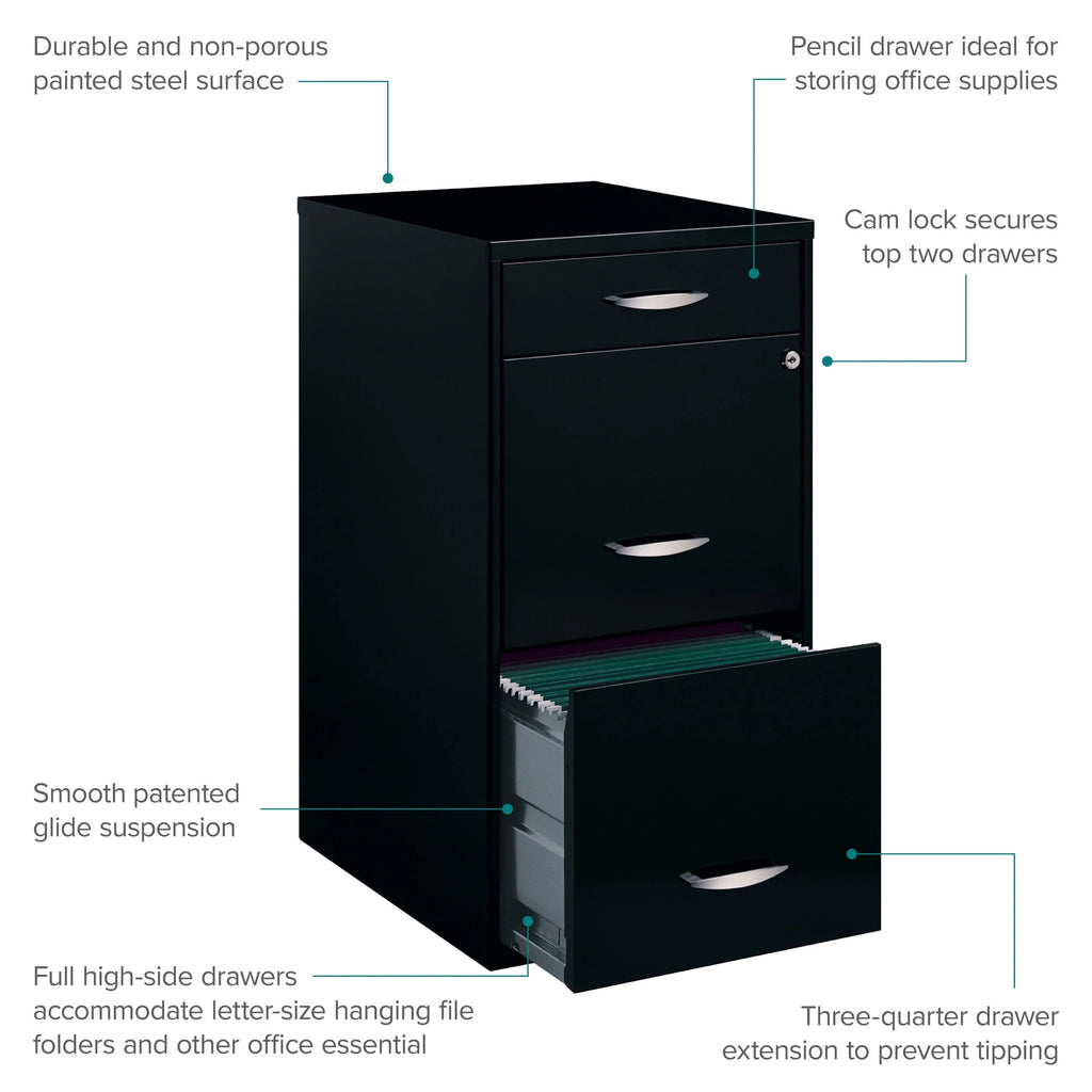 3 Drawer Letter Width Vertical File Cabinet with Pencil Drawer, Black I588