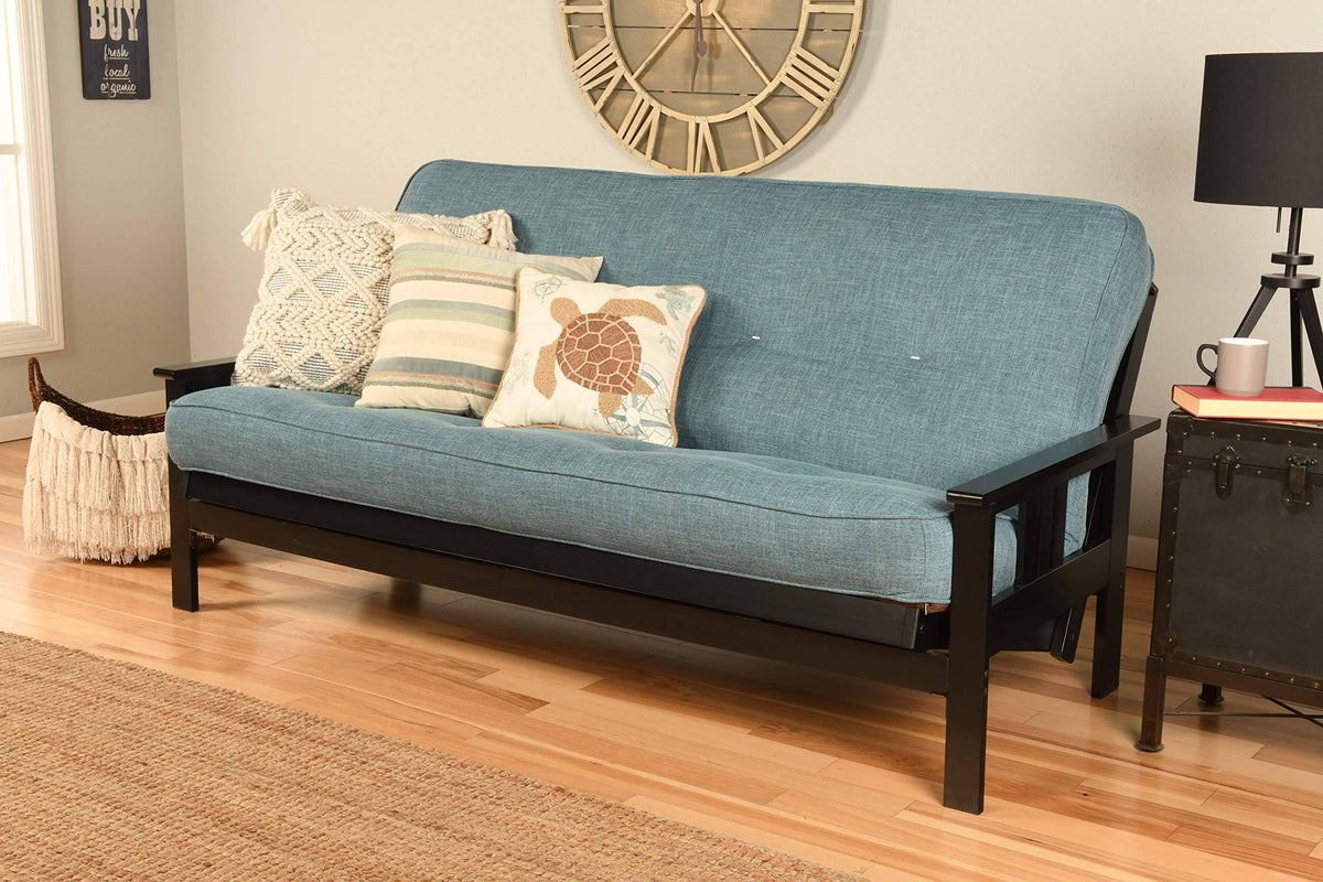 Black Full Size Futon Frame with Linen Aqua Mattress A911256