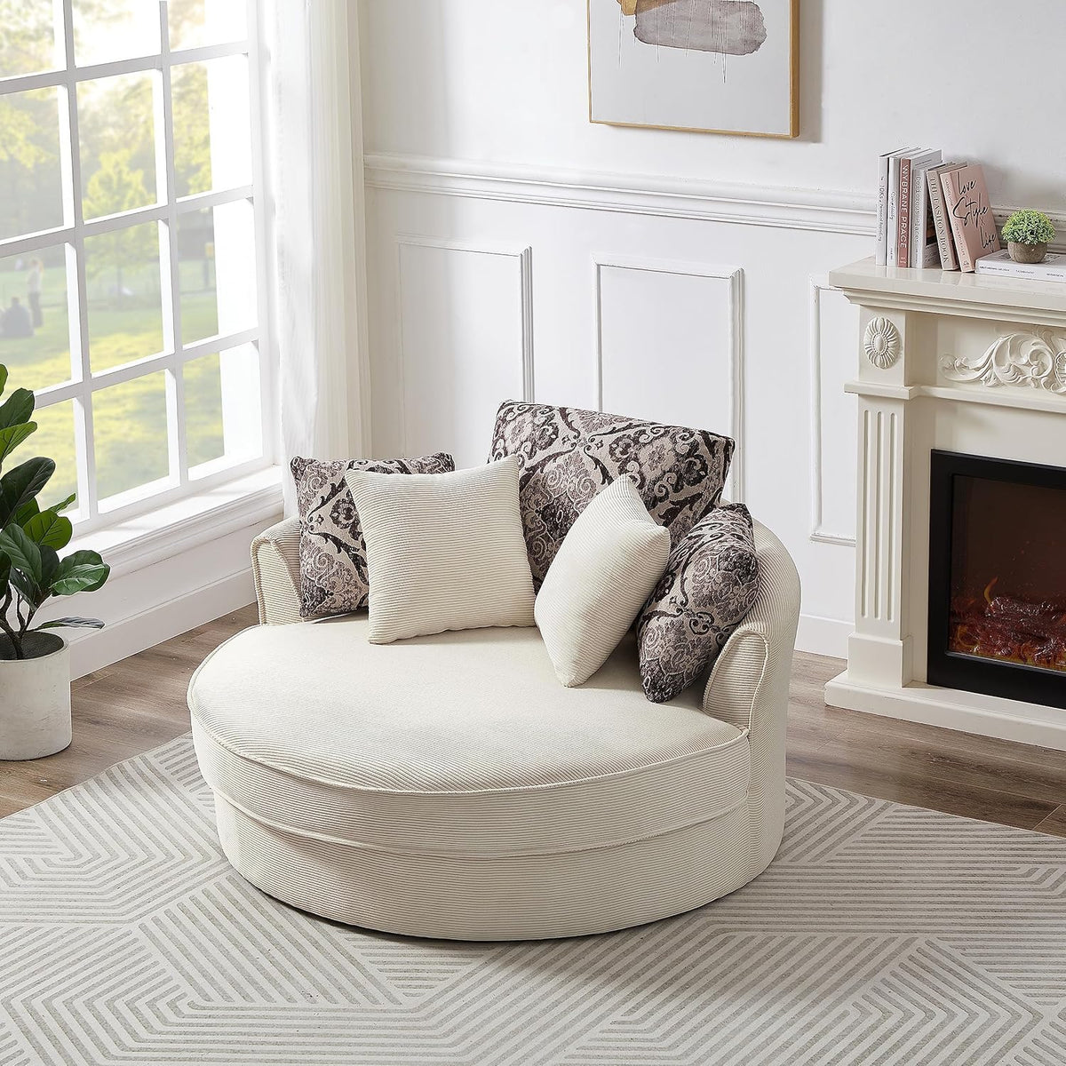 Oversized Corduroy Swivel Barrel Armchair with 5 Detachable Pillows M186766